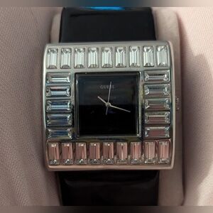 New Authentic GUESS W11524L5  White Crystal Accented Black Patent Leather Watch